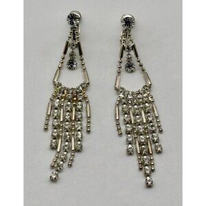 Vintage Rhinestone Dangle Chandelier Earrings Silver Tone Clip-On and Screw-Back
